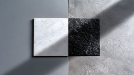 A striking composition of gray and black textured surfaces, featuring a marble slab and slate finish, ideal for modern interior design projects.の素材