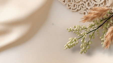 A serene composition showcasing delicate flowers and wheat contrasted with intricate lace on a soft cream surface, evoking a warm, inviting atmosphere.の素材