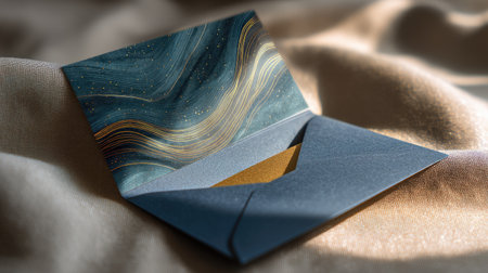 This elegant image features an open envelope showcasing abstract waves in blue and gold, set against soft fabric, ideal for creative projects.の素材