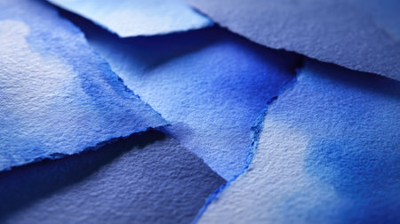 Detailed close-up of layered blue watercolor paper showcasing unique textures and soft shades, ideal for artistic projects or background designs.の素材