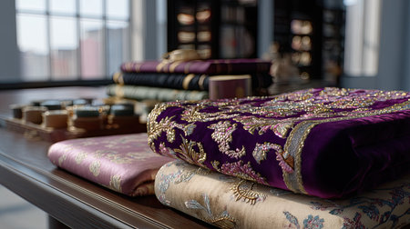 A collection of luxurious textiles with intricate embroidery is beautifully displayed on a wooden table, showcasing stunning patterns and rich colors.の素材