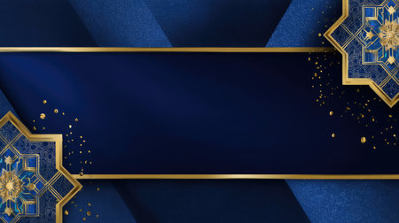 This image features an exquisite blue and gold background with intricate geometric patterns, perfect for creating luxurious visuals for events and celebrations.の素材