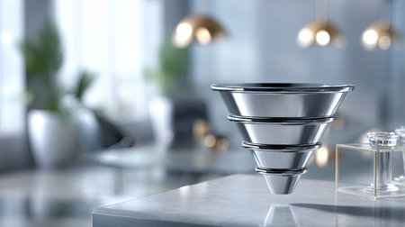 A sleek chrome funnel rests on a modern countertop, embodying elegance and functionality in an upscale kitchen setting, perfect for cooking enthusiasts.の素材