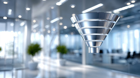 A sleek silver funnel design showcased in a contemporary office space featuring bright lighting, minimalistic decor, and an innovative atmosphere, ideal for business presentations.の素材