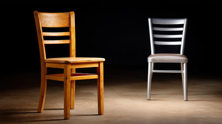 This image showcases a wooden chair and a metal chair placed in a dark studio with dramatic lighting, highlighting the contrast between materials and design.の素材