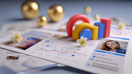 This vibrant stock photo features colorful 3D graphs and charts placed on financial reports, showcasing data analysis and business growth in a bright office.の素材