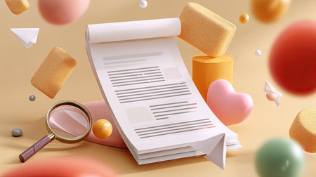 This vibrant abstract design features a page of text, a magnifying glass, and various colorful geometric shapes, symbolizing creativity and analysis.の素材