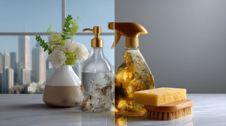 This image features modern cleaning supplies paired with fresh flora, set against a stunning city view, ideal for inspiring home organization and cleanliness.の素材