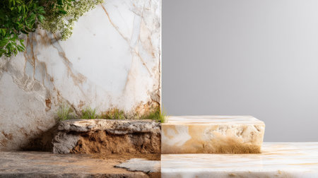 This stock photo showcases a stunning contrast between a marble stone texture and subtle greenery, perfect for modern interior design projects.の素材