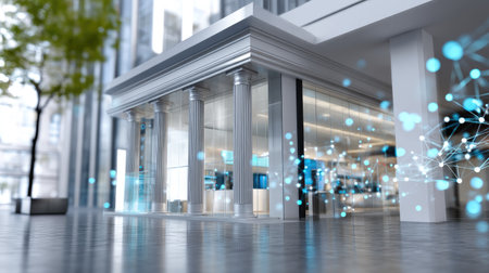 A striking modern architectural building with classical columns in an urban environment, showcasing digital connections and a futuristic aesthetic.の素材
