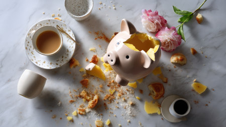 This image features a broken piggy bank spilling coins and crumbs on a marble surface, alongside a tea cup and flowers, evoking themes of financial surprise and childhood nostalgia.の素材