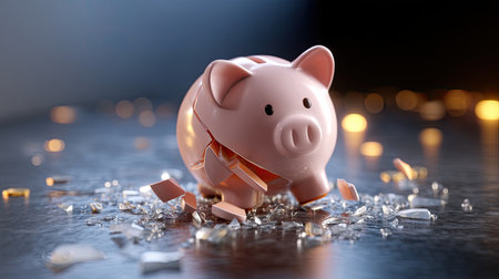 A broken piggy bank lies among shards of glass, symbolizing financial loss and unexpected expenses. Soft lights reflect on a metallic surface, creating an emotional impact.の素材