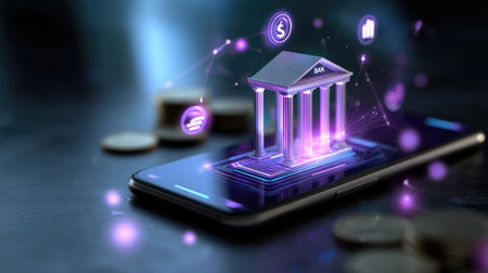 A vibrant visual representation of digital banking through a smartphone displaying virtual banking elements, highlighting modern financial technology and innovation.の素材
