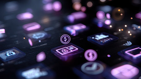 Dynamic abstract digital interface showcasing a selection of glowing application icons related to finance, security, and communication in a modern design.の素材