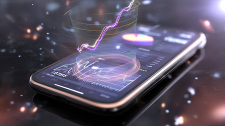 A modern smartphone rests on a sleek surface, showcasing vibrant data visualizations through colorful graphs and charts, symbolizing digital analytics.の素材