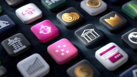 A vibrant array of digital icons on a dark background, representing various concepts of finance and technology, ideal for modern design projects and applications.の素材