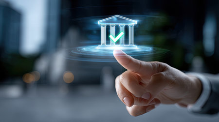 A close-up image of a hand interacting with a holographic bank building symbol, representing modern finance, approval, and technological innovation in banking.の素材