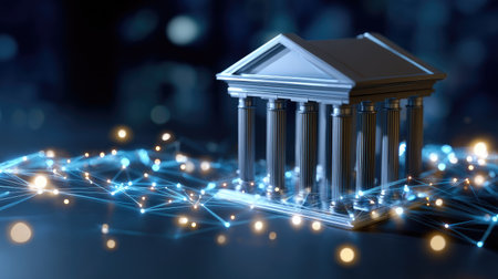 A digital representation of a classical building with pillars, symbolizing a blend of heritage and modern technology through creative visualization.の素材