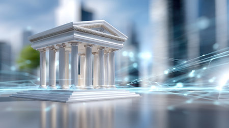 A stunning 3D rendering of a classical temple features elegant columns set against a modern city backdrop, highlighting the blend of tradition and innovation.の素材