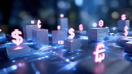 This image depicts a futuristic digital financial landscape featuring glowing currency symbols, highlighting investment opportunities and global trade dynamics.の素材
