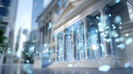 A modern financial institution building featuring sleek design and data visualization elements set against an urban backdrop, symbolizing innovation and progress in finance.の素材