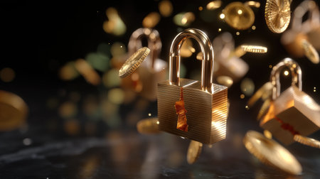 This stunning image features golden padlocks surrounded by floating coins, symbolizing security and wealth in the digital realm, ideal for financial themes.の素材