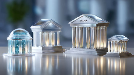 A collection of glass-like bank structures illuminated from within, set against a softly blurred modern interior. This image symbolizes financial security and innovation.の素材