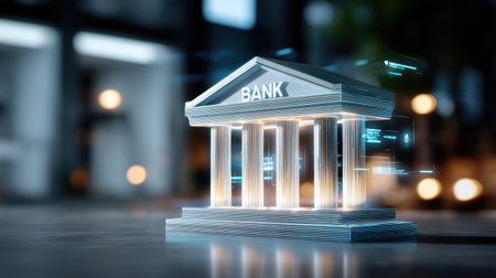 A digital rendering of a bank building featuring classic architecture with modern technological elements, representing the intersection of finance and innovation.の素材