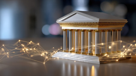 A striking model of classical architecture featuring golden accents and illuminated columns. This artistic representation blends traditional and modern elements, showcasing creativity and elegance. Perfect for concepts in design, history, or luxury themes.の素材