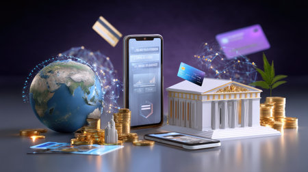 This image portrays a modern banking concept featuring a smartphone, globe, credit cards, and stacks of coins, symbolizing the digital financial landscape.の素材