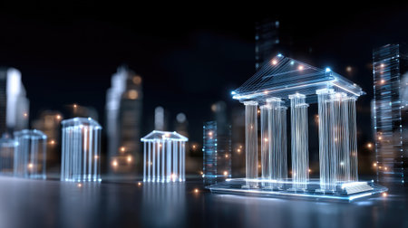 This digital artwork illustrates a futuristic legal institution, highlighted by glowing pillars, set against a modern city skyline at night, embodying innovation.の素材