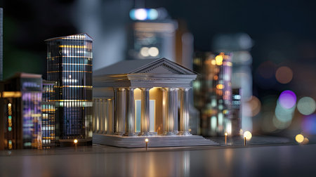 A captivating cityscape scene showcases a model of a classic building, elegantly illuminated, against a backdrop of modern skyscrapers and vibrant bokeh lights.の素材