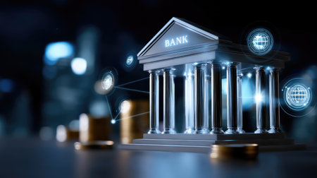 A modern bank building stands among digital elements, symbolizing the integration of finance and technology in contemporary banking.の素材