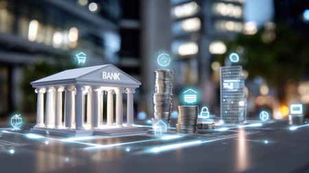 Visual representation of a modern bank building featuring digital financial icons, stacks of coins, and a futuristic urban setting, symbolizing innovation in finance.の素材
