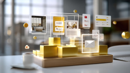 This image depicts a modern digital marketing concept featuring floating icons and boxes that symbolize online communication and content management.の素材