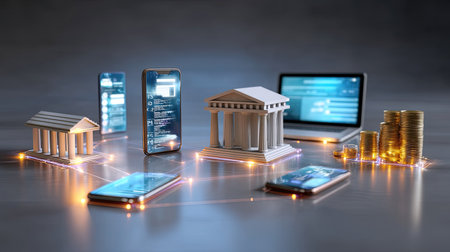 A modern digital finance concept showcasing mobile devices, a bank building, a laptop, and coins. It highlights technology and network connections in banking.の素材