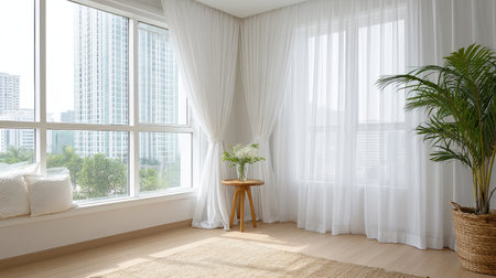 A serene modern living space featuring large windows, flowing white curtains, and a vibrant indoor plant. This room exudes comfort and tranquility.の素材