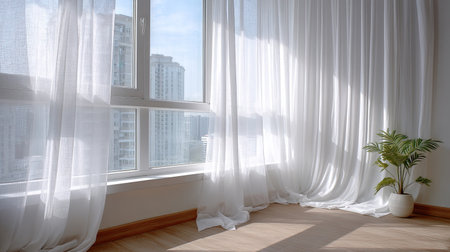 A bright and airy interior scene featuring sheer curtains softly billowing by a large window. A potted plant adds a touch of greenery, creating a calm and inviting atmosphere. Perfect for illustrating minimalist design and tranquility.の素材