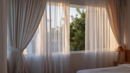Soft morning light gracefully filters through sheer curtains in a cozy bedroom. The view showcases fresh greenery, enhancing a tranquil and inviting atmosphere.の素材