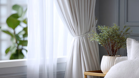 This elegant scene features sheer white curtains gracefully cascading by a window, along with a decorative plant in a chic pot, enhancing modern living space.の素材