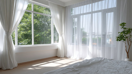 A serene and bright bedroom featuring large windows draped with sheer curtains, allowing natural light and a view of lush greenery. Ideal for relaxation.の素材
