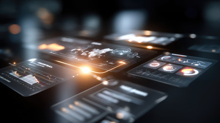 This image showcases a futuristic digital dashboard featuring various data visualizations and analytics insights ideal for business performance monitoring.の素材