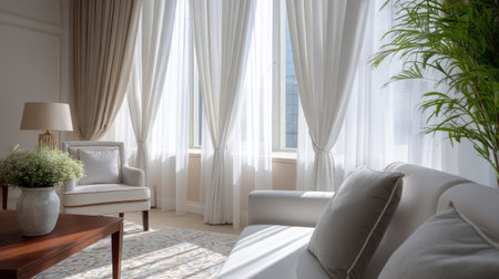This image captures a bright and elegant living room featuring sheer curtains that let in natural light. The well-designed space includes stylish furniture, creating a cozy and inviting atmosphere perfect for relaxation.の素材