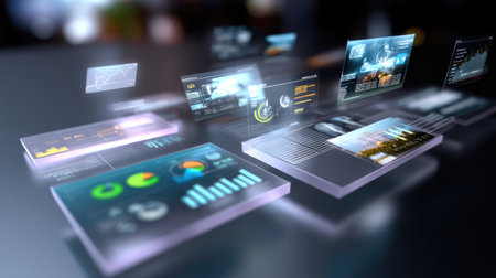 Explore a captivating futuristic data visualization interface featuring transparent panels displaying various digital graphs and metrics in a modern workspace.の素材