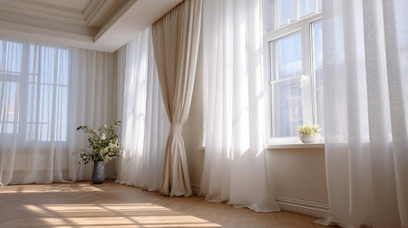 This bright and airy interior showcases sheer curtains allowing natural light to flow through, creating a serene and inviting atmosphere for any space.の素材