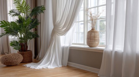 This inviting living room features sheer curtains allowing natural light to stream in. Flourishing green plants enhance the peaceful ambiance, creating a serene environment.の素材
