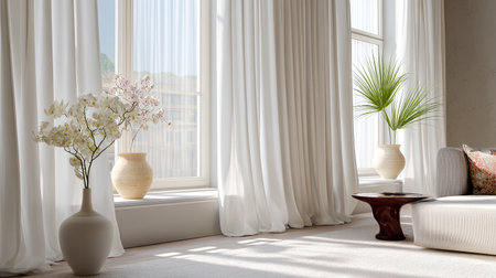 This beautifully designed living room features large windows that allow natural light to flood the space, creating a serene and inviting atmosphere.の素材