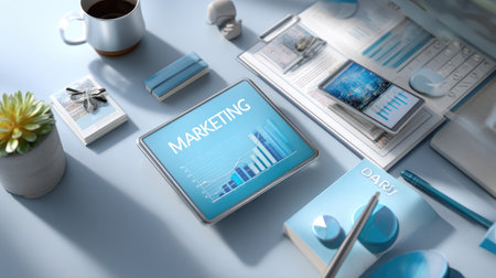 A stylish workspace featuring a tablet displaying marketing analysis graphics alongside office supplies, coffee, and creative elements, reflecting modern business trends.の素材