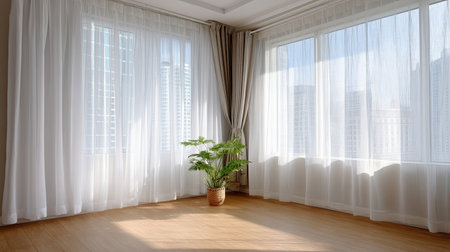 This image showcases a bright and airy modern living space with sheer curtains, an indoor plant, and a warm wooden floor, perfect for relaxation.の素材