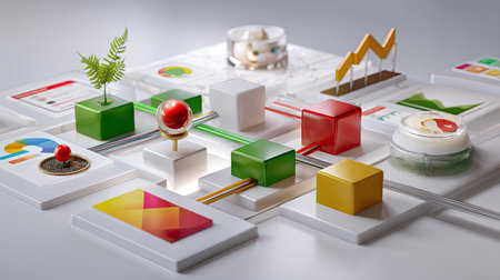 This abstract business composition showcases colorful geometric shapes, charts, and plant elements, creating a modern workspace aesthetic perfect for creative projects.の素材